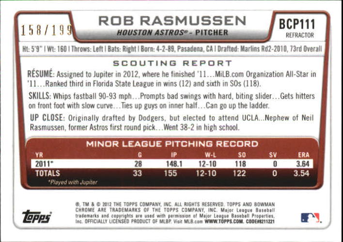 2012 Bowman Chrome Prospects Purple Refractors #BCP111 Rob Rasmussen back image