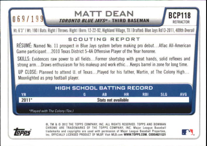 2012 Bowman Chrome Prospects Purple Refractors #BCP118 Matt Dean back image