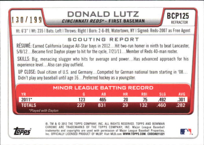 2012 Bowman Chrome Prospects Purple Refractors #BCP125 Donald Lutz back image