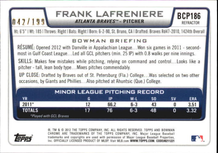 2012 Bowman Chrome Prospects Purple Refractors #BCP186 Frank Lafreniere back image