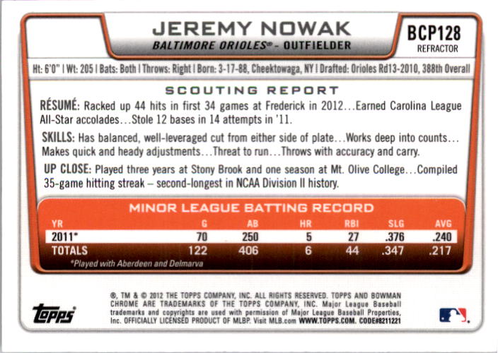 2012 Bowman Chrome Prospects X-Fractors #BCP128 Jeremy Nowak back image