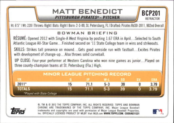 2012 Bowman Chrome Prospects X-Fractors #BCP201 Matt Benedict back image