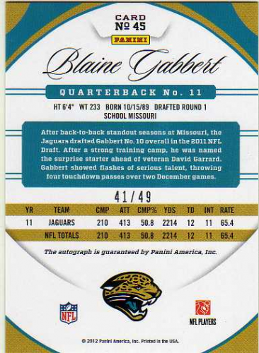2012 Certified Mirror Blue Signatures #45 Blaine Gabbert/49 back image