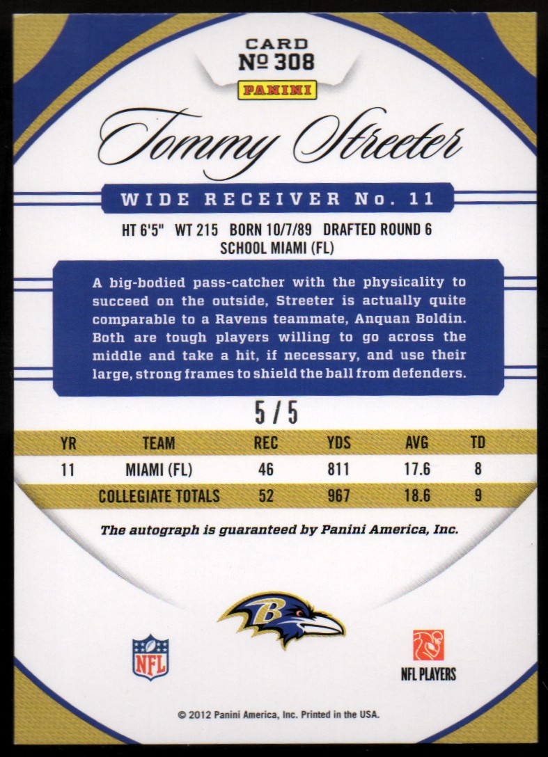 2012 Certified Mirror Emerald Signatures #308 Tommy Streeter/5 back image