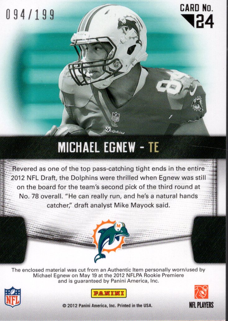 2012 Certified Rookie Fabric of the Game #24 Michael Egnew back image