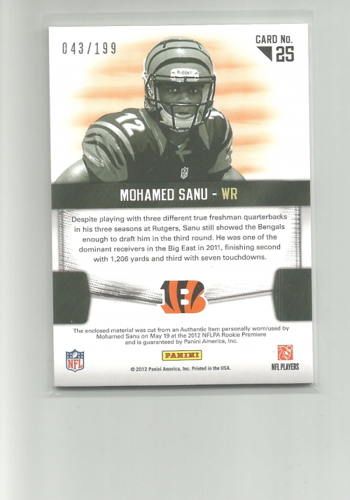 2012 Certified Rookie Fabric of the Game #25 Mohamed Sanu back image