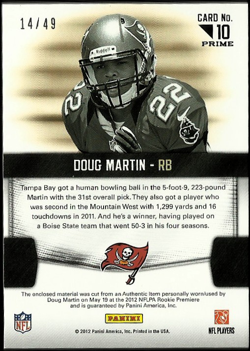 2012 Certified Rookie Fabric of the Game Prime #10 Doug Martin back image