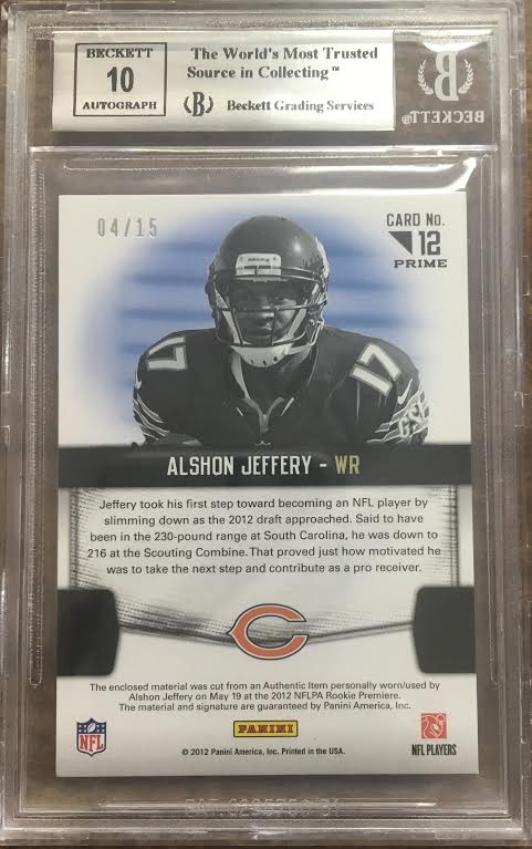 2012 Certified Rookie Fabric of the Game Team Die Cut Autographs Prime #12 Alshon Jeffery back image