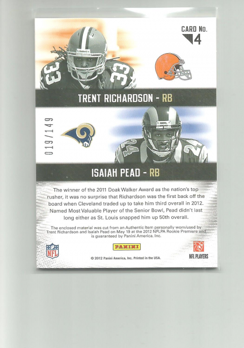 2012 Certified Rookie Fabric of the Game Combos #4 Trent Richardson/Isaiah Pead back image