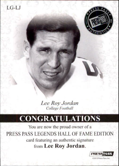 2012 Press Pass Legends Hall of Fame Bronze #LGLRJ Lee Roy Jordan/30 back image