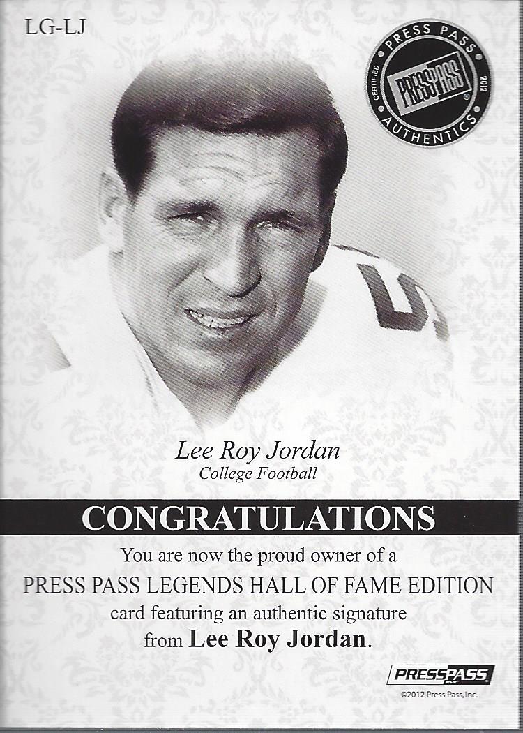 2012 Press Pass Legends Hall of Fame Red #LGLRJ Lee Roy Jordan/50 back image