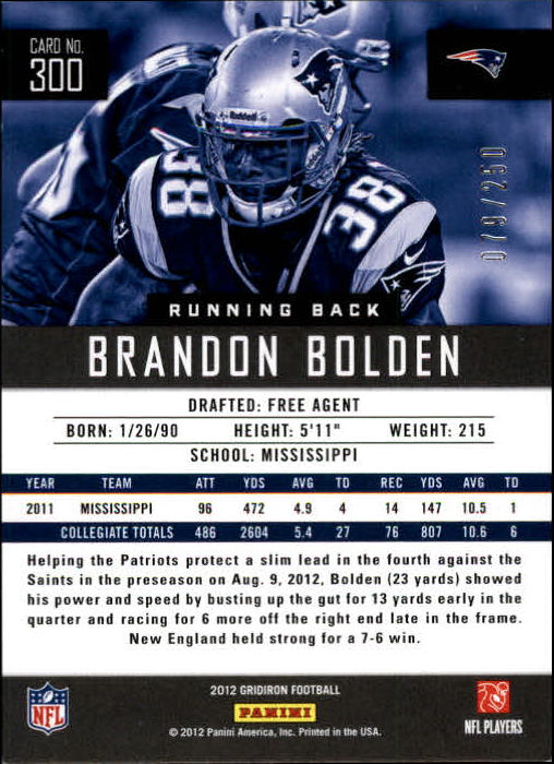 2012 Gridiron Silver X's #300 Brandon Bolden back image