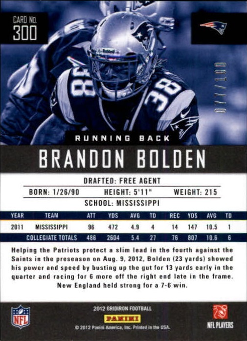 2012 Gridiron Gold X's #300 Brandon Bolden back image
