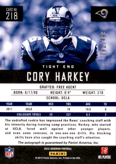 2012 Gridiron Rookie Autographs X's #218 Cory Harkey/499 back image