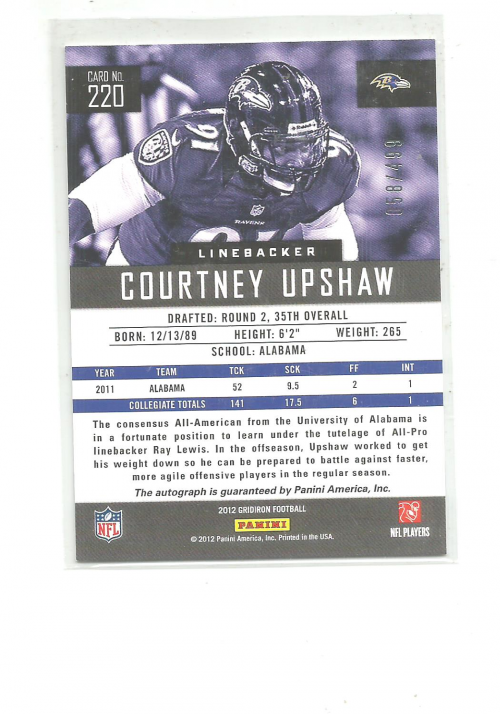 2012 Gridiron Rookie Autographs X's #220 Courtney Upshaw/499 back image