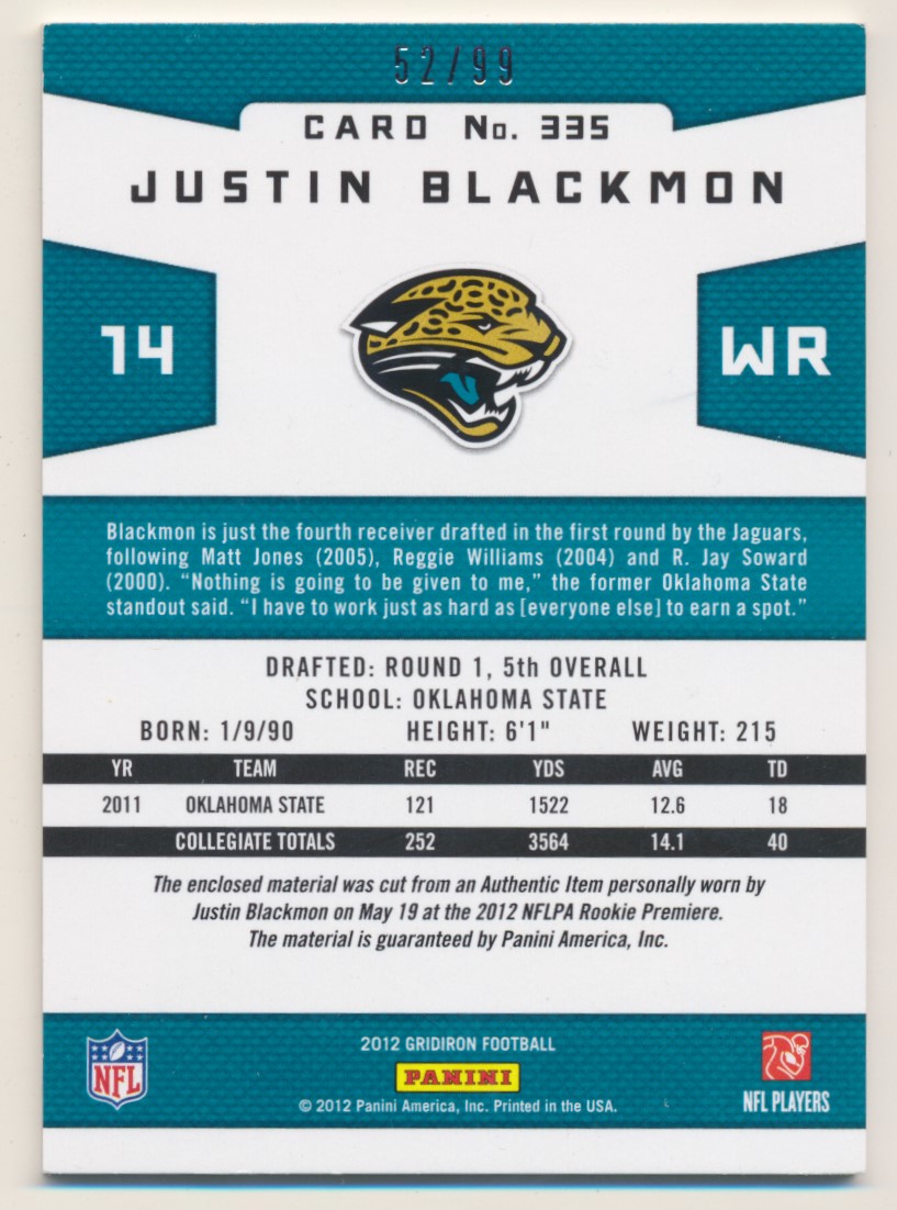 2012 Gridiron Rookie Gridiron Gems Jerseys Jumbo #335 Justin Blackmon/99 back image