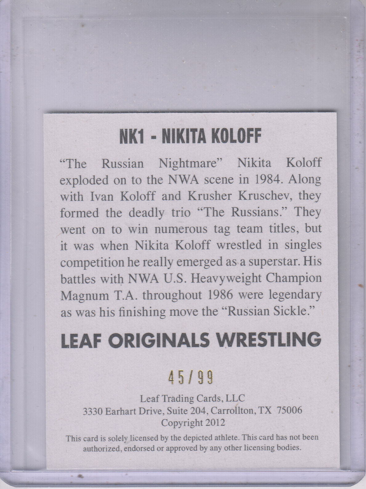 2012 Leaf Originals Wrestling Yellow #NK1 Nikita Koloff back image