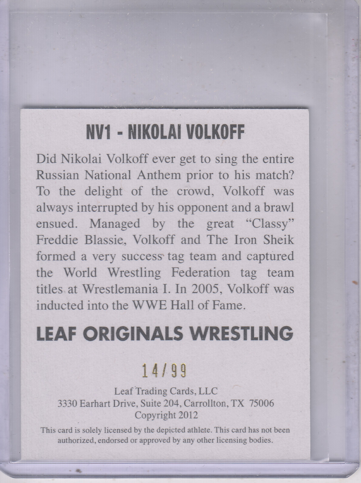 2012 Leaf Originals Wrestling Yellow #NV1 Nikolai Volkoff back image