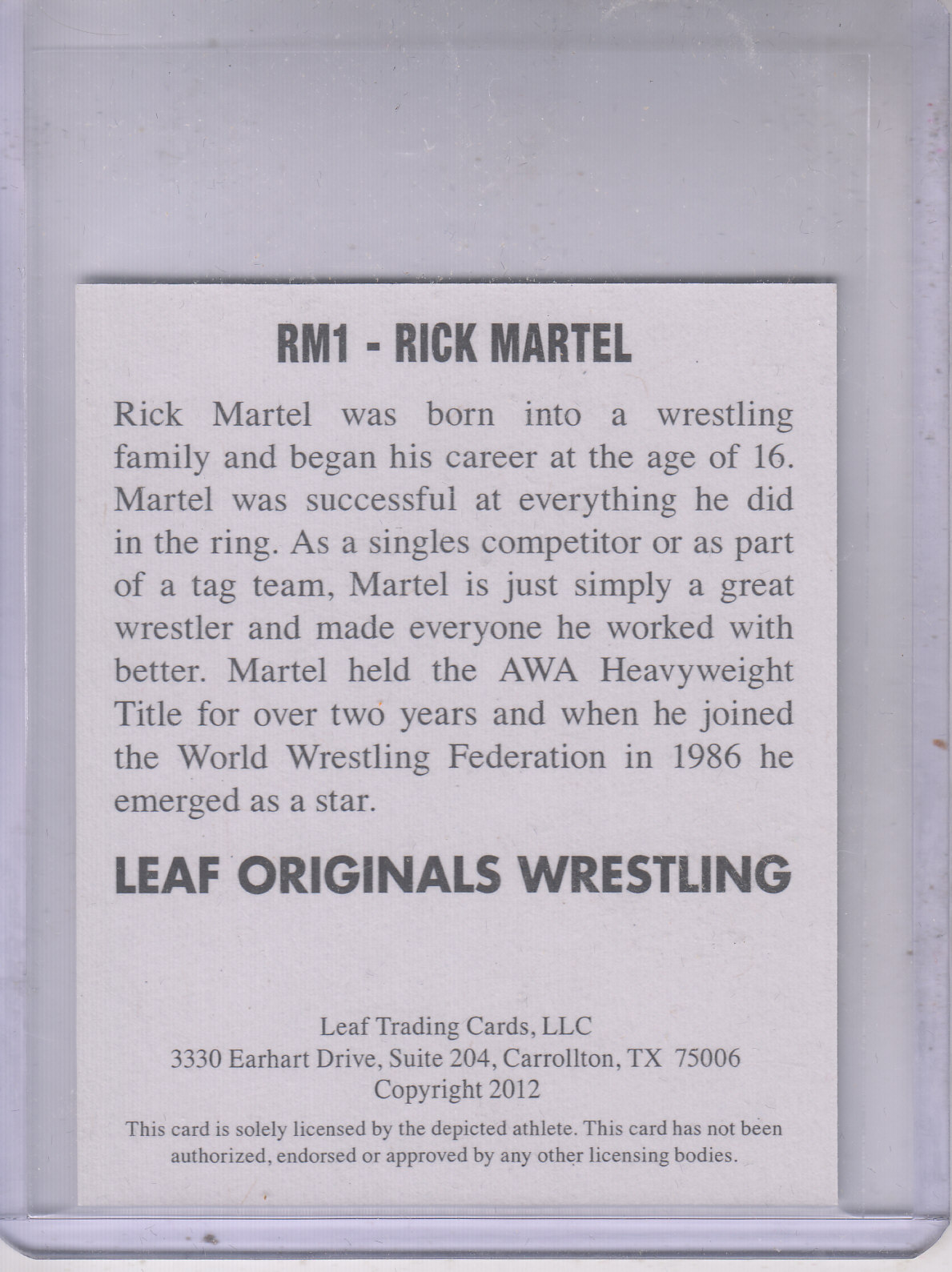 2012 Leaf Originals Wrestling #RM1 Rick Martel back image