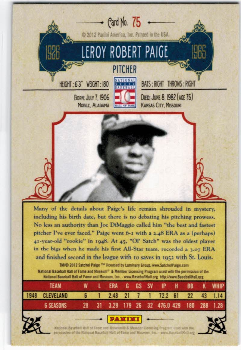2012 Panini Cooperstown #75 Satchel Paige back image
