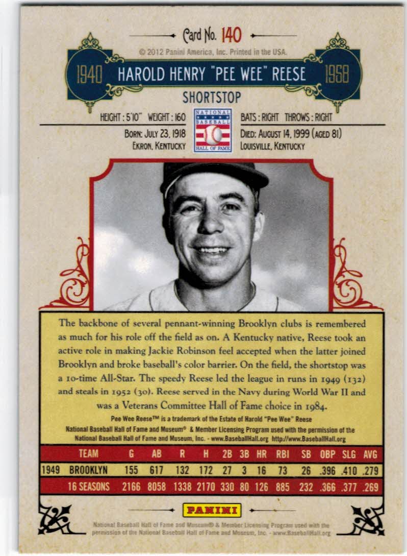 2012 Panini Cooperstown #140 Pee Wee Reese back image