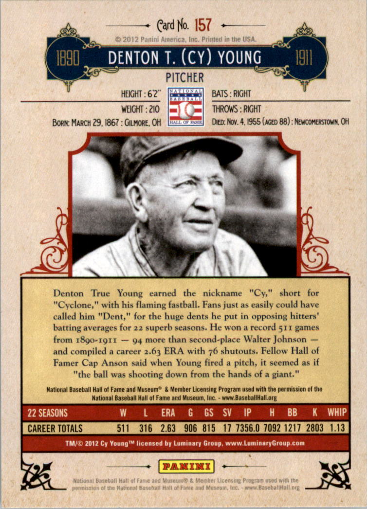 2012 Panini Cooperstown #157 Cy Young SP back image