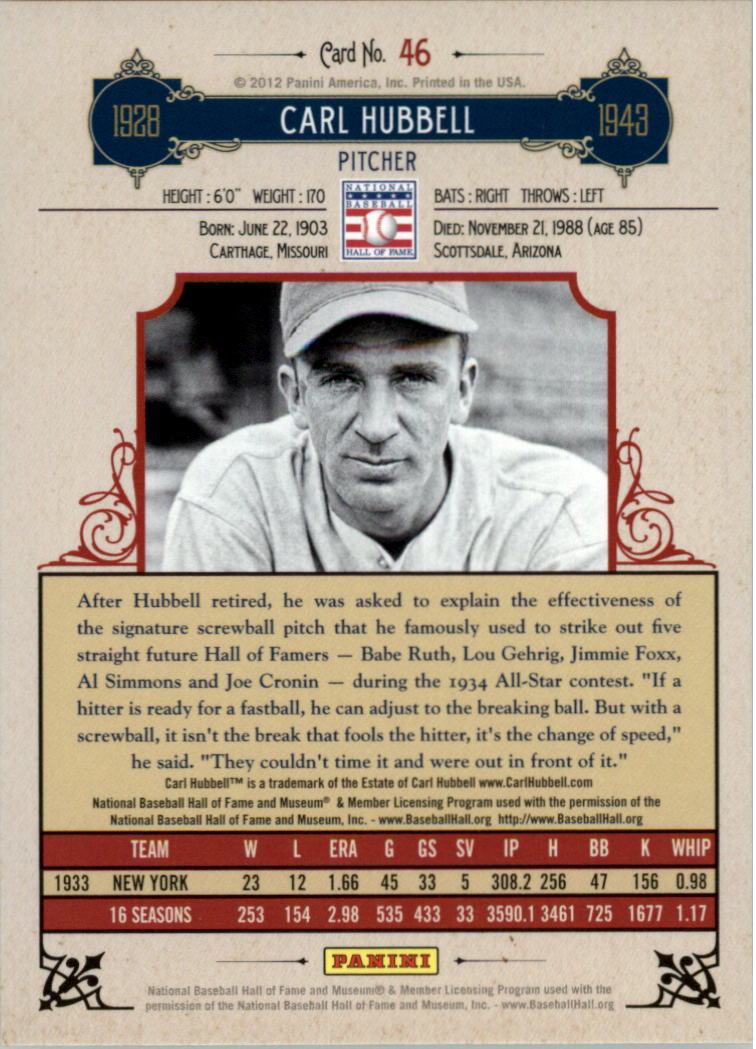 2012 Panini Cooperstown Crystal Collection #46 Carl Hubbell back image