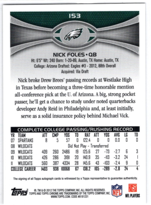 2012 Topps Chrome Rookie Autographs #153 Nick Foles - - Autograph Parallel  RC * Nm+ - NrMt+ - Wonder Water Sports Cards, Comics & Gaming!