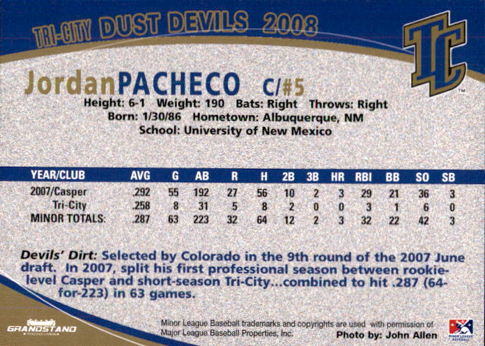 2008 Tri-City Dust Devils Grandstand #23 Jordan Pacheco back image