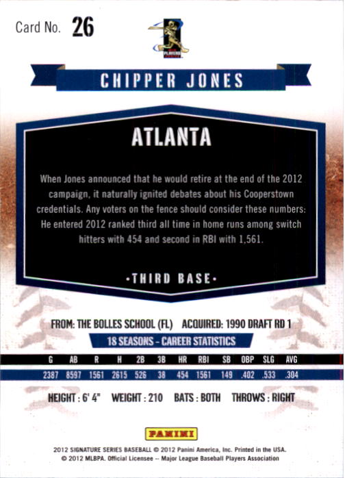 2012 Panini Signature Series #26 Chipper Jones back image