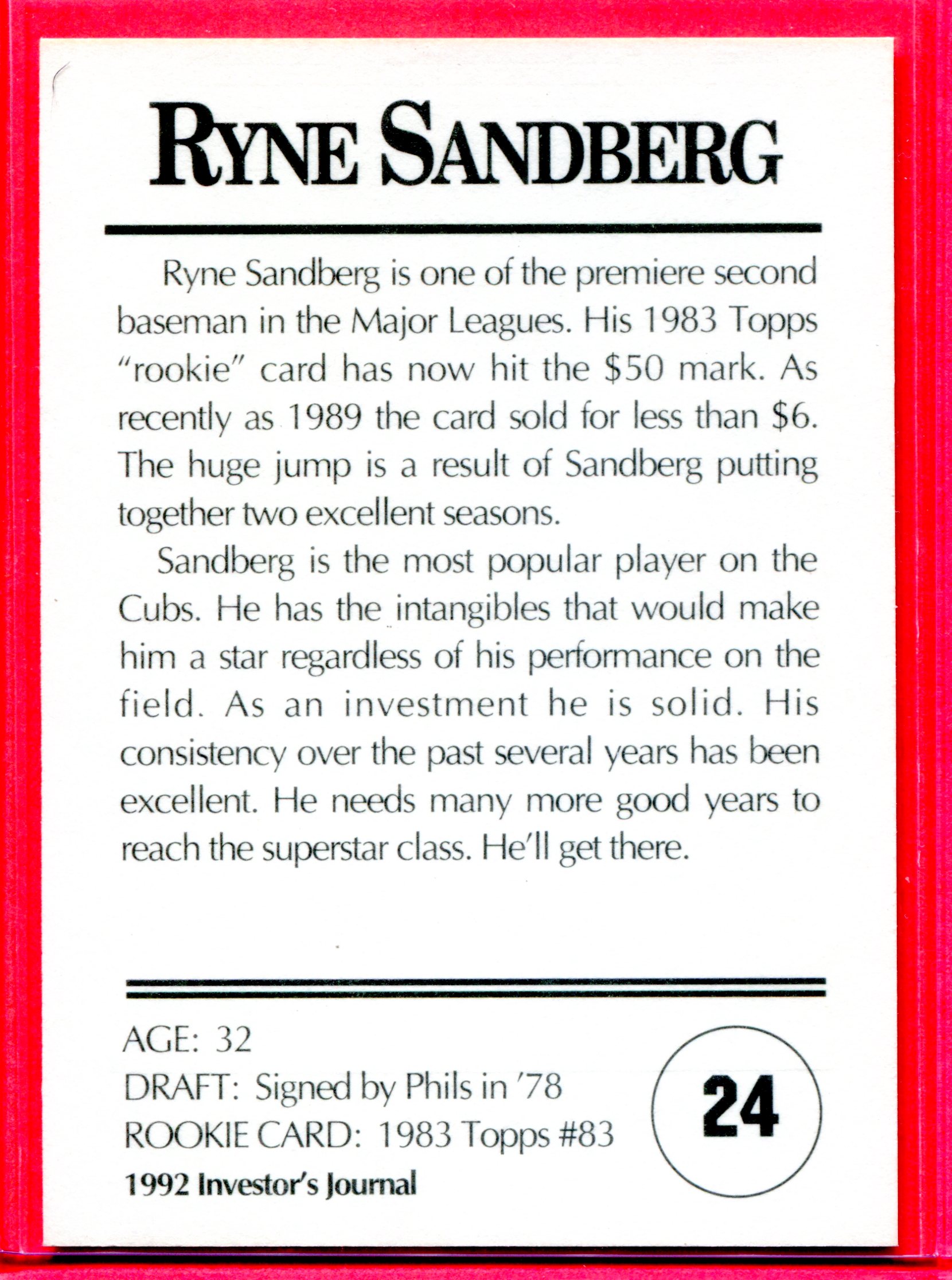 1992 Investor's Journal Gold Card #24 Ryne Sandberg back image