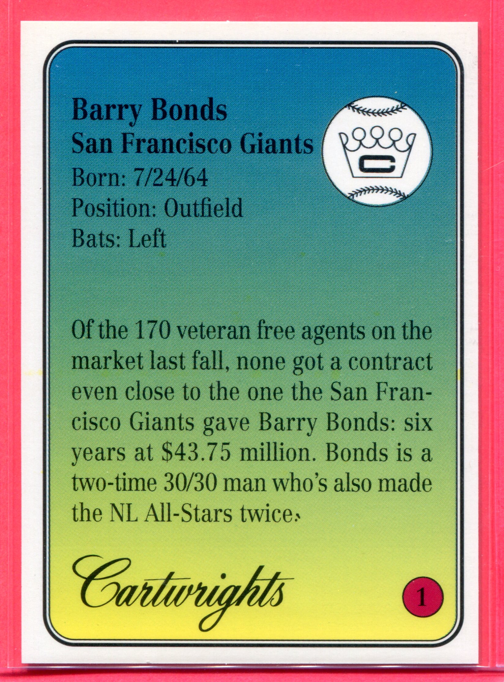1993 Cartwright's Limited Edition Blue Card #1 Barry Bonds back image