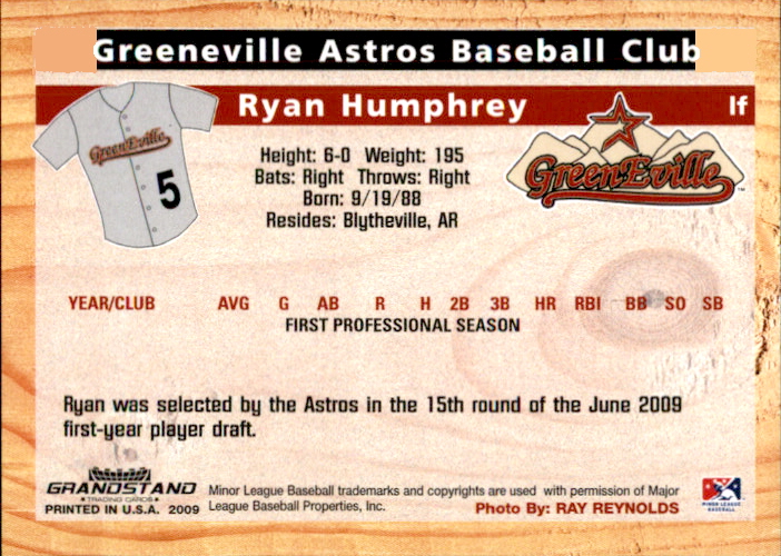 2009 Greeneville Astros Grandstand #18 Ryan Humphrey back image