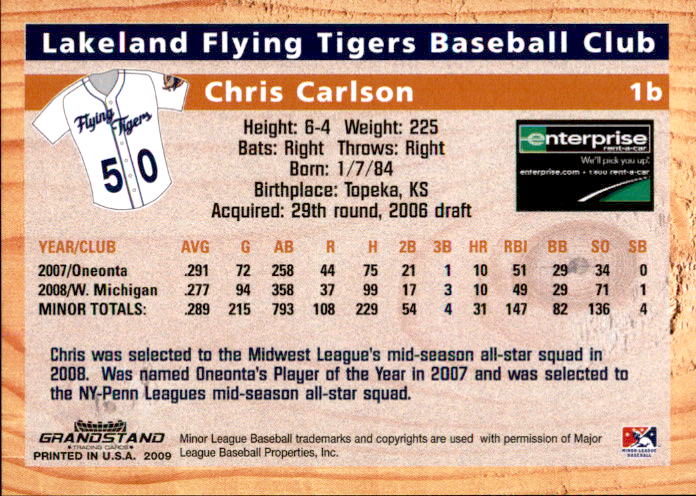 2009 Lakeland Tigers Grandstand #4 Chris Carlson back image