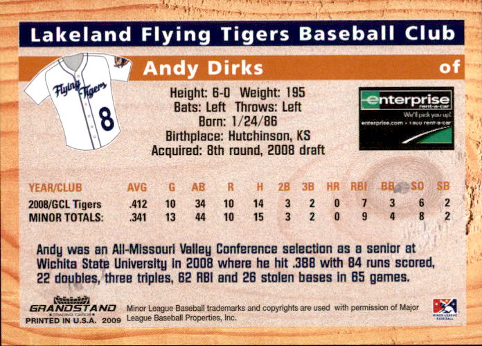 2009 Lakeland Tigers Grandstand #9 Andy Dirks back image