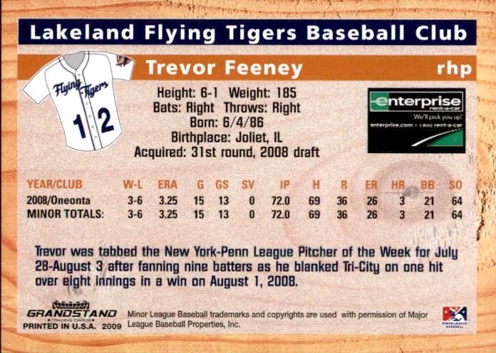 2009 Lakeland Tigers Grandstand #10 Trevor Feeney back image