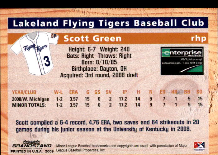 2009 Lakeland Tigers Grandstand #14 Scott Green back image