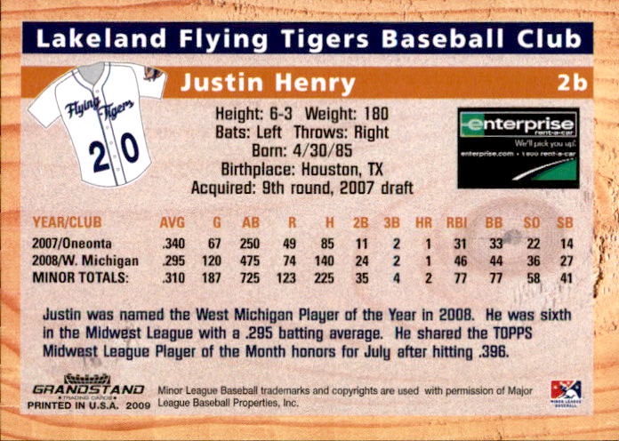 2009 Lakeland Tigers Grandstand #15 Justin Henry back image