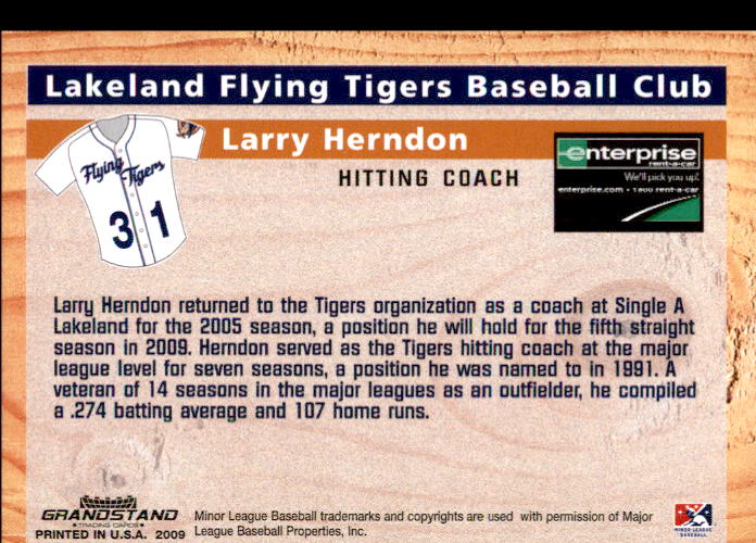 2009 Lakeland Tigers Grandstand #16 Larry Herndon CO back image