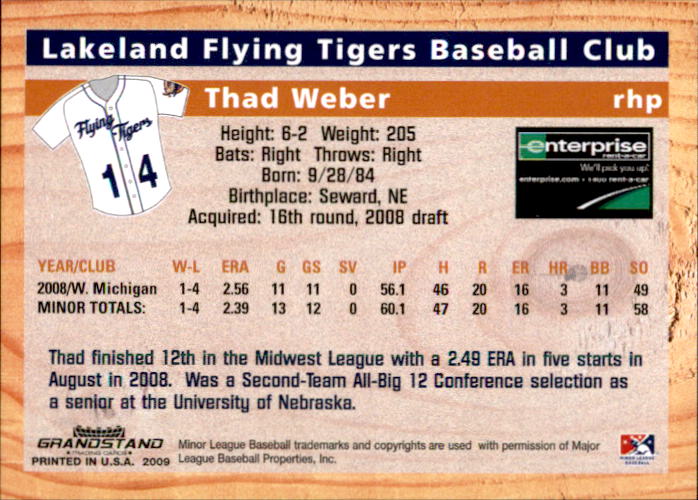 2009 Lakeland Tigers Grandstand #27 Thad Weber back image