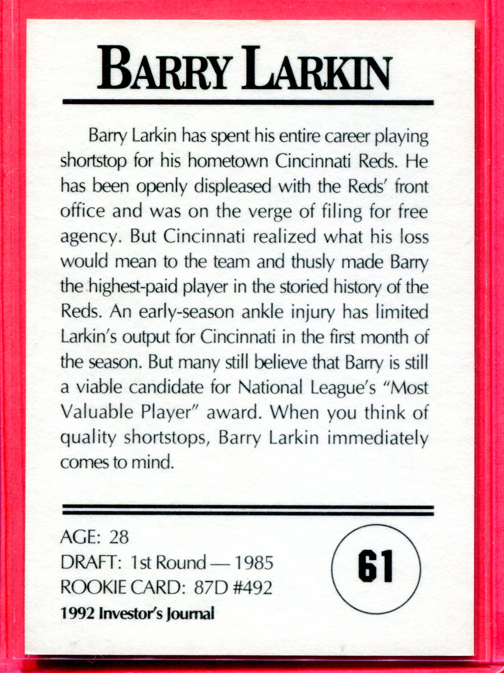 1992 Investor's Journal Gold Card #61 Barry Larkin back image