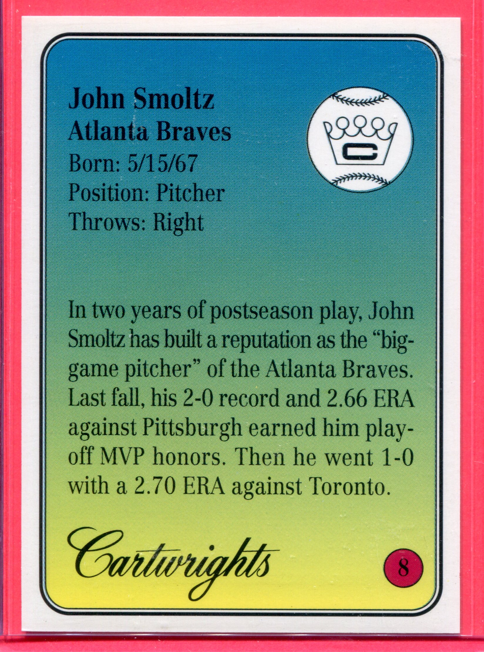 1993 Cartwright's Blue Card #8 John Smoltz back image