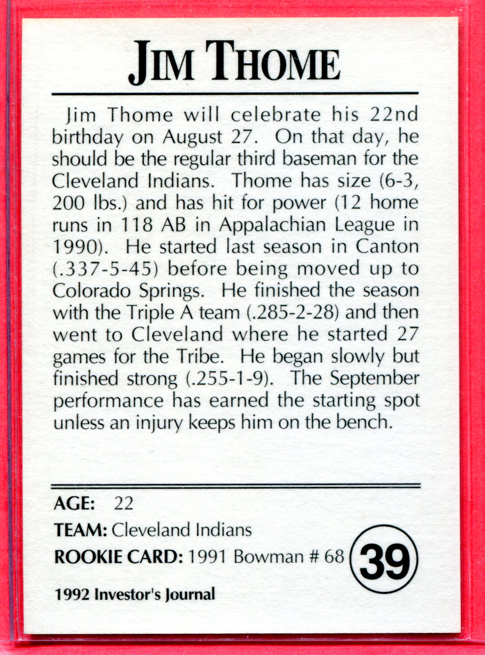 1992 Investor's Journal Gold Card #39 Jim Thome back image