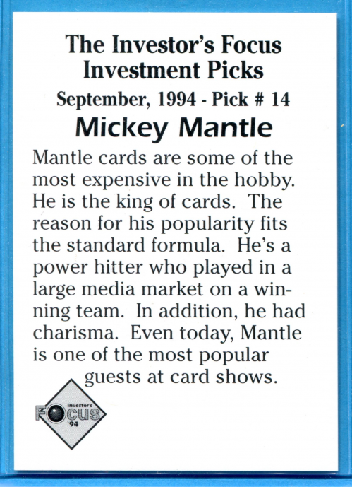 1994 Investor's Focus Gold Prism Card #14 Mickey Mantle back image