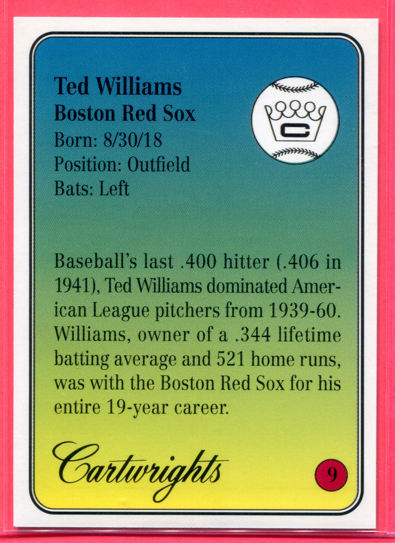 1993 Cartwright's Player's Choice Blue Foil Card #9 Ted Williams  back image