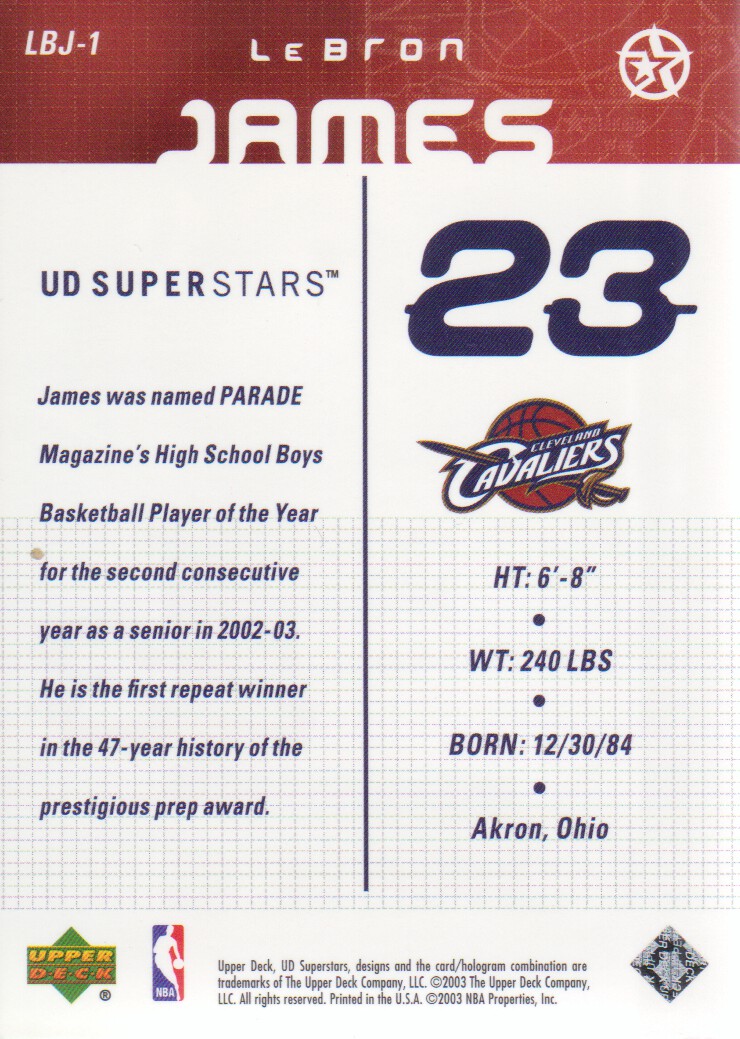 2003 Upper Deck Superstars LeBron James #LBJ1 LeBron James back image
