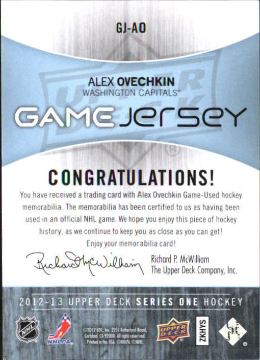 2012-13 Upper Deck Game Jerseys #GJAO Alexander Ovechkin G back image