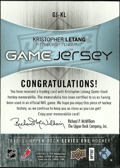 2012-13 Upper Deck Game Jerseys #GJKL Kris Letang H back image