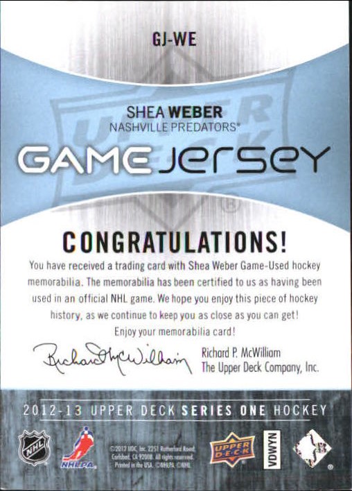 2012-13 Upper Deck Game Jerseys #GJWE Shea Weber H back image