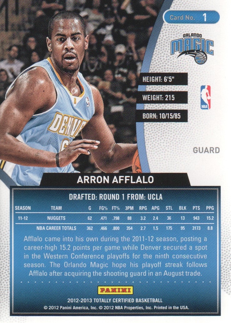 2012-13 Totally Certified #1 Arron Afflalo back image